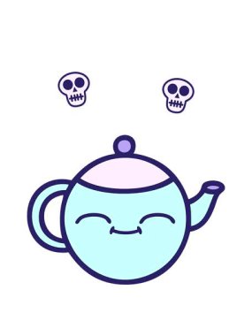 Mutlu bir çaydanlığın sevimli çizgi filminin kafatası animasyonları.