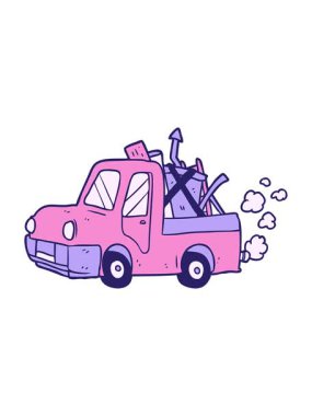 Ivır zıvır dolu eski bir kamyonun hareketli çizgi film animasyonu.