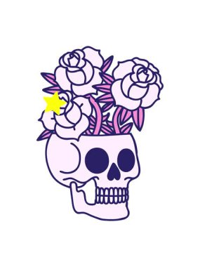 Parıldayan yıldızlar, bir kafatası ve gülün ikonik dövme şeklindeki görüntüsünün canlandırılmasını etkiler.