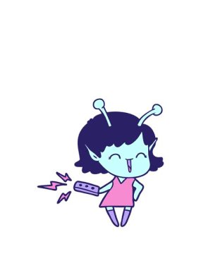 Çizgi filmdeki uzaylı kızın uzaktan kumandayla gülüşünü canlandırıyorum.