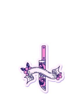 Hançer ve çiçek pankartıyla dövme stili hareketli çıkartma