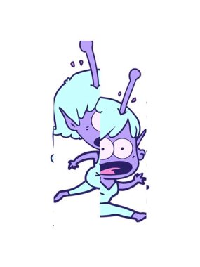 Karikatür şok edici uzaylı kızın bölünmüş hareketi.