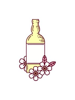 Neon ışığı animasyonu. Simgesel dövme tarzı. Rom şişesi ve parlak renkli çiçekler.