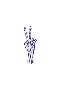 Dövmenin yatay titreşimli animasyonu geleneksel bir iskelet tarzında barış işareti veriyor.