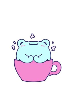 Kahve fincanında oturan sevimli bir kurbağanın animasyonunu sergiliyor.