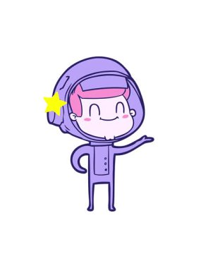 Parlayan yıldızlar mutlu çizgi film astronot karakterinin animasyonunu etkiler.