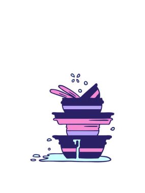 Bir yığın kirli tabağın çizgi film karalamalarının zıplama hareketleri.