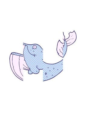 Serbest çekim çizilmiş karikatür balinasının bölünmüş hareket animasyonu