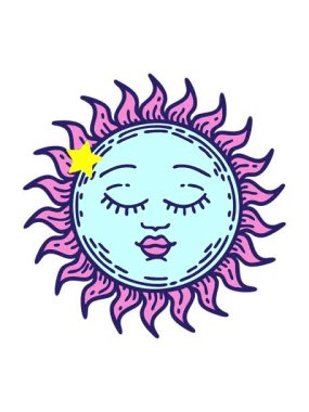 Parlayan yıldızlar, geleneksel ortaçağ güneşi tarzında dövmenin animasyonunu etkiler.