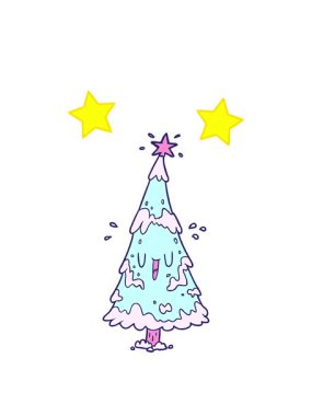 dönen yıldızlar mutlu yüzlü karlı noel ağacının animasyonu