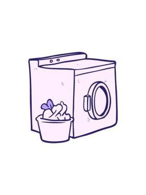 Çizgi film çamaşır makinesi ve çamaşır makinesinin dönen hareketi.