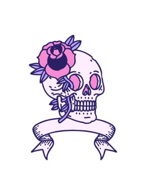 jiggle and pause animation of a traditional tattoo with banner of a skull and rose