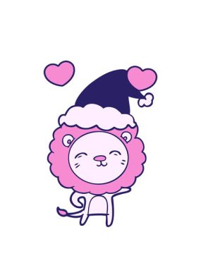 dönen kalpler, çizilmiş el çizgileri, Noel Baba şapkası takan bir aslanın çizimi.