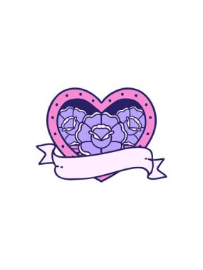 Satış animasyonu ikonik dövme stili. Çiçekli bir kalp ve afiş.