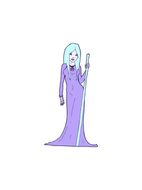 Dikkat çekici neon renkli asası olan bir büyücü animasyonu.