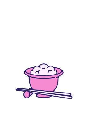 Japon pilavının çizgi filminin hareketli animasyonu geleneksel yemek çubuklarıyla geleneksel kasede.