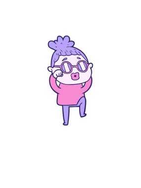 Kalk ve çizgi film animasyonunda gözlüklü yorgun bir kadın yüzüyor.