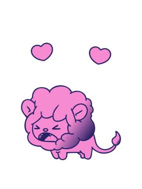 Kükreyen tatlı kawaii aslanının gradyan çizgi filminin döner kalp animasyonu