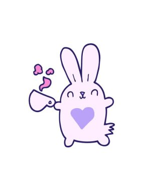 Aşk dolu kalbi ve kahve fincanı olan sevimli çizgi film tavşanının hareketli animasyonu.