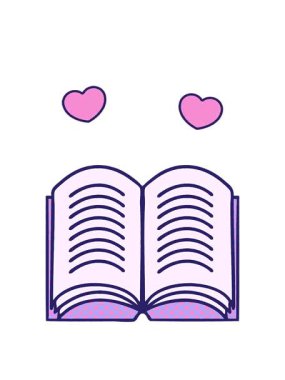 Açık bir kitabın çizgi roman tarzı animasyonunun dönen kalpleri.