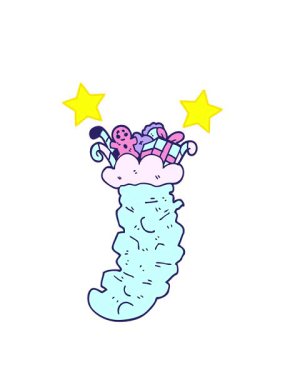 dönen yıldızlar çizgi film animasyonları karalama Noel çorapları oyuncaklarla doldurulmuş.