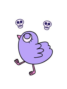 el animasyonu dönen kafatasları çizilmiş tuhaf çizgi film sarı kuş