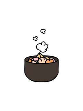 Sıcak karışık deniz ürünleri ve sebze kâsesinin radyoaktif parlayan animasyonu