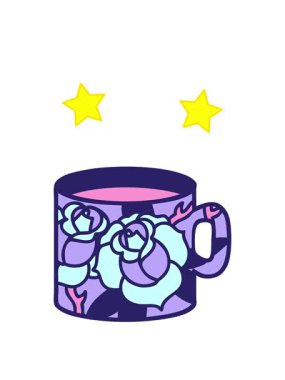 Dönen yıldızlar geleneksel bir kupa ve çiçek çizimi şeklinde dövme animasyonu