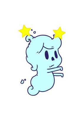 dönen yıldızların çizgi film canlandırması bir kawaii sevimli hayalet çizimi