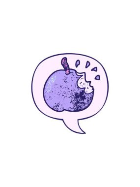 Çizgi film çizgi filmlerinin gösterişli satış animasyonları. Retro desenli konuşma baloncuklu taze ısırılmış elma.