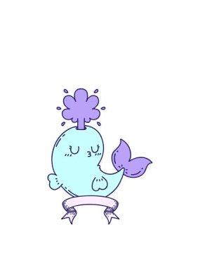 Dövme stili parşömen sancağının zıplama hareketli animasyonu Mutlu fışkırtan balina karakteri