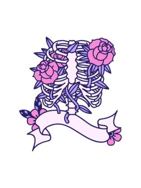 Geleneksel dövmenin göğüs kafesi ve çiçek pankartıyla basınçlı canlandırması