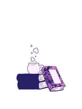 Çizgi film kahve fincanı ve kitapların hareketli animasyonu