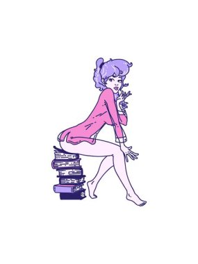 Dövmenin hareketli animasyonu kitapların üzerinde oturan bir kızın geleneksel tarzında.