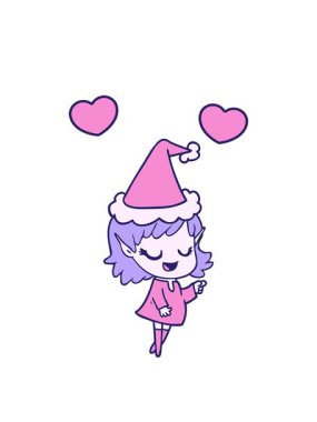 dönen kalpler mutlu el çizgileri çizilmiş bir elf kızı Noel Baba şapkası takıyor.