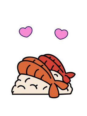 Pilav üzerine kızarmış Japon karidesinin dönen kalpleri.