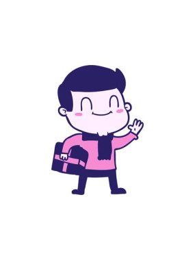 Dikkat çekici animasyon. Karikatür dostu, Xmas hediyeli adam.