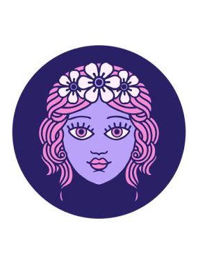 Basınç, ikonik dövme stili bir animasyon. Çiçekten taç takan kadın yüzü.