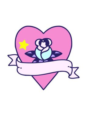 Parıldayan yıldızlar dövmenin hareketini geleneksel bir kalp gülü ve bayrak şeklinde etkiler.