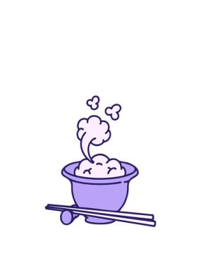 Japon pilavının çizgi filmini geleneksel yemek çubuklarıyla geleneksel kaseye yerleştirmek.