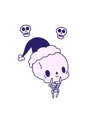 Kawaii iskeletinin yılbaşı karikatürünün dönen kafatası animasyonu