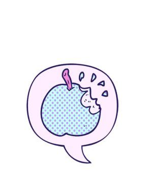 Çizgi film çizgi romanının animasyonunu genişletiyorum taze ısırılmış elma ve çizgi roman tarzında konuşma balonu.