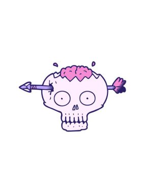 Karikatür kafatasının hareketli animasyonu ve beyinde ok karalaması.