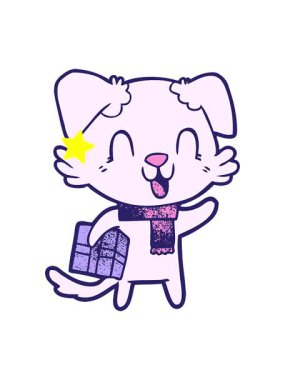 Parıldayan yıldızlar, gülen çizgi film köpeğinin Noel hediyesiyle animasyonunu etkiler.