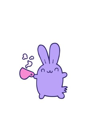 Sevimli çizgi film tavşanının animasyonunu büyütüp kahve içerken.