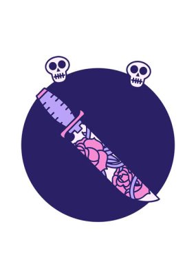 Bir hançerin çiçek desenli ikonik dövme imgesinin dönen kafatası animasyonu