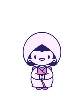 Geleneksel gelinlik giymiş mutlu Japon bir kadının göz kırpan radyal çizgileri.