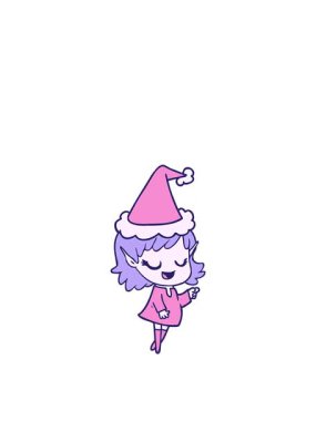 Mutlu el çizimi hareketli animasyon. Noel Baba şapkası takan elf kızı çizimi.