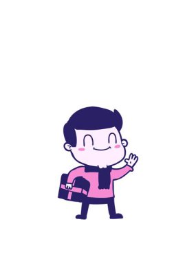 Çizgi film kahramanı, arkadaş canlısı, Noel hediyeli adamın zıplama hareketi.