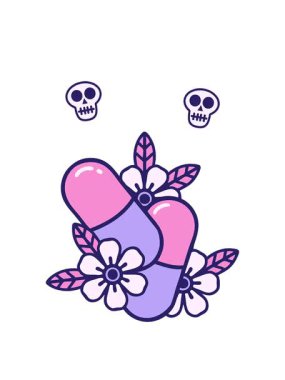 Kafatasının etrafında dönen ikonik dövme görüntüsü haplar ve çiçekler.